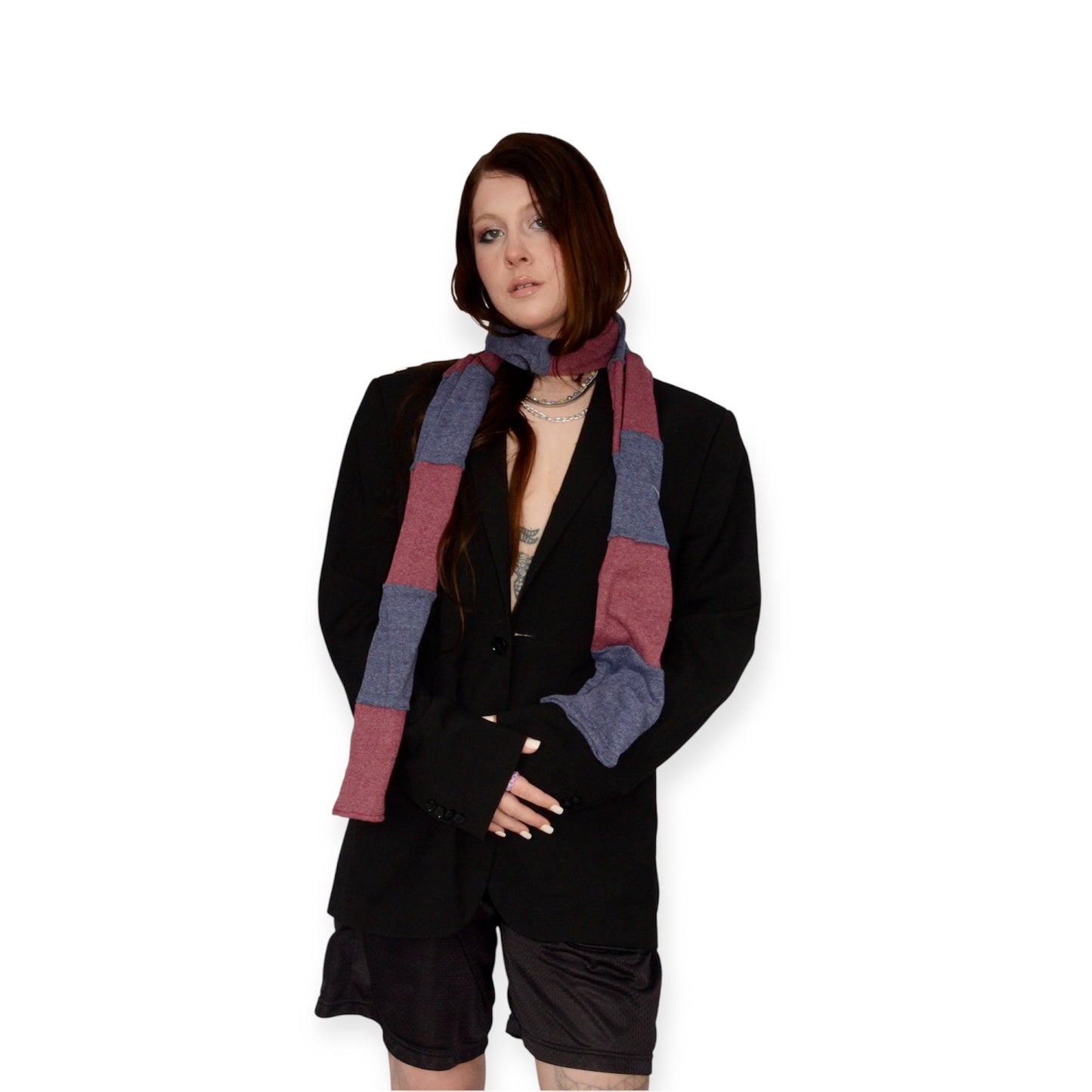 Longue écharpe bleu et bourgogne